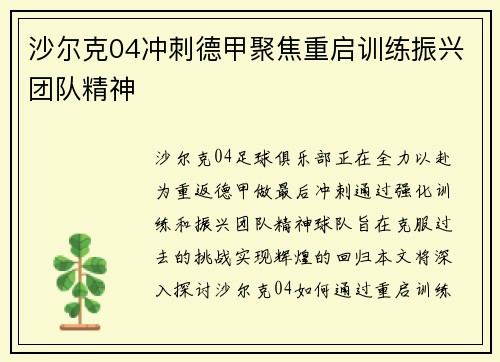 沙尔克04冲刺德甲聚焦重启训练振兴团队精神