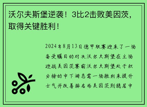 沃尔夫斯堡逆袭！3比2击败美因茨，取得关键胜利！