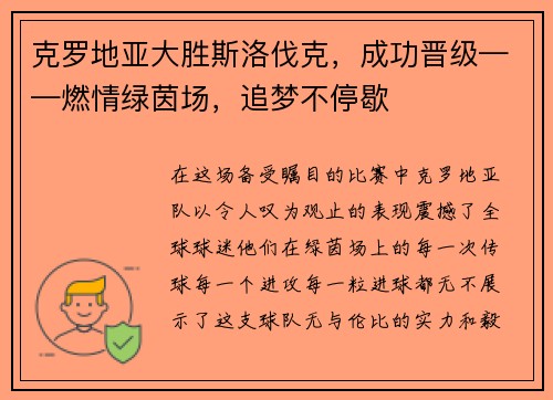 克罗地亚大胜斯洛伐克，成功晋级——燃情绿茵场，追梦不停歇