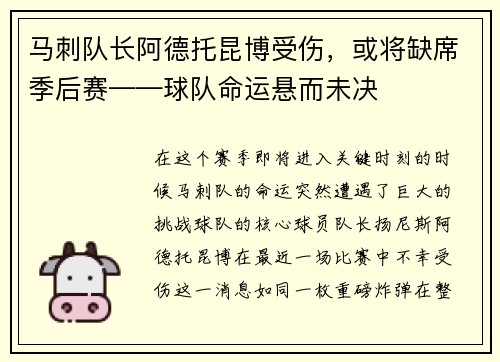 马刺队长阿德托昆博受伤，或将缺席季后赛——球队命运悬而未决