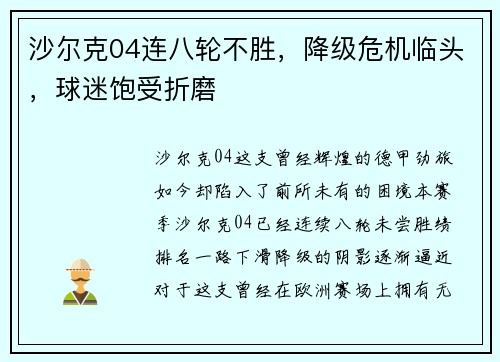 沙尔克04连八轮不胜，降级危机临头，球迷饱受折磨