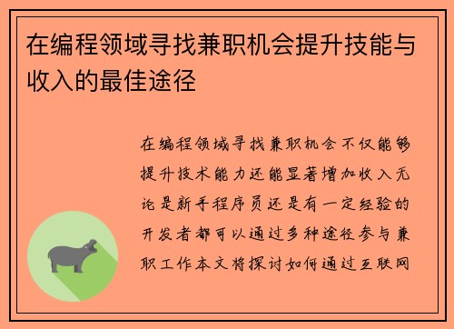 在编程领域寻找兼职机会提升技能与收入的最佳途径