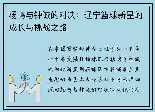 杨鸣与钟诚的对决：辽宁篮球新星的成长与挑战之路
