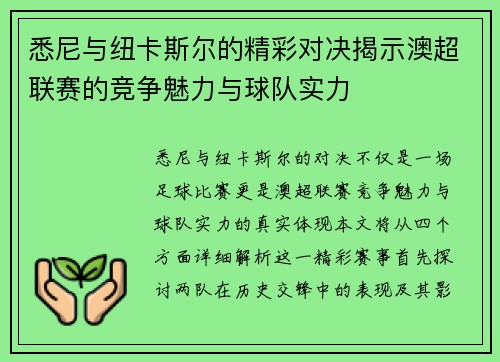 悉尼与纽卡斯尔的精彩对决揭示澳超联赛的竞争魅力与球队实力