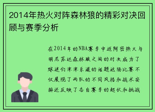 2014年热火对阵森林狼的精彩对决回顾与赛季分析
