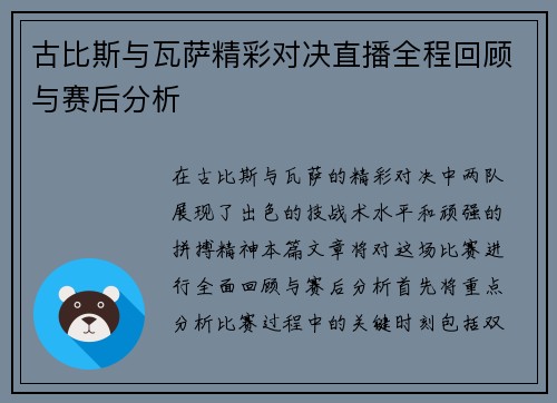 古比斯与瓦萨精彩对决直播全程回顾与赛后分析