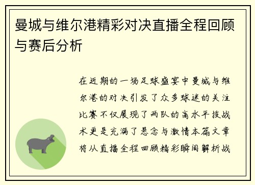 曼城与维尔港精彩对决直播全程回顾与赛后分析