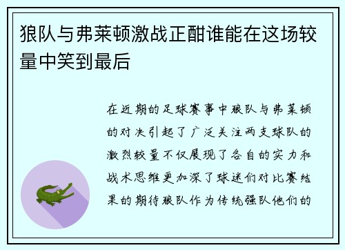 狼队与弗莱顿激战正酣谁能在这场较量中笑到最后