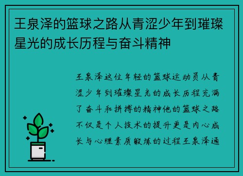 王泉泽的篮球之路从青涩少年到璀璨星光的成长历程与奋斗精神