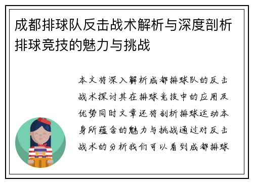 成都排球队反击战术解析与深度剖析排球竞技的魅力与挑战