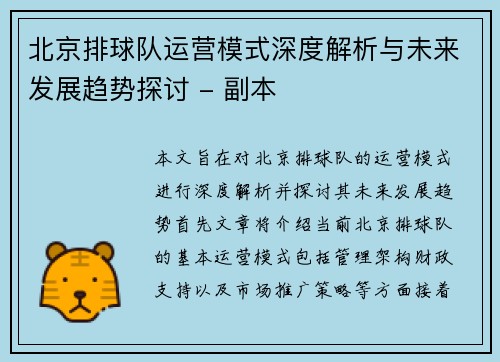 北京排球队运营模式深度解析与未来发展趋势探讨 - 副本
