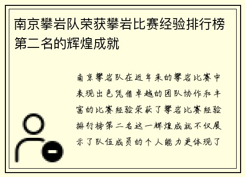 南京攀岩队荣获攀岩比赛经验排行榜第二名的辉煌成就
