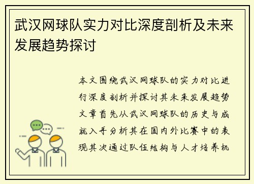 武汉网球队实力对比深度剖析及未来发展趋势探讨